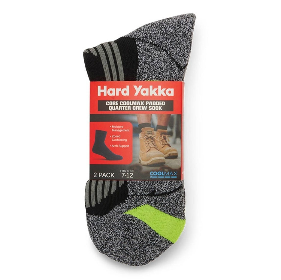 Hard Yakka Y20017 Core Coolmax Padded Quarter Crew Sock 2PK - Black/Lime - Packaging View