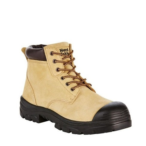 Beige work boot with black sole on a white background
