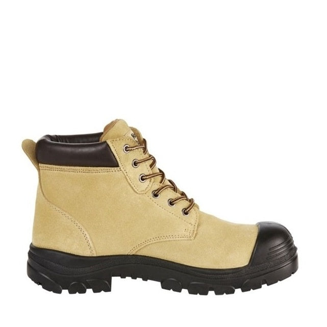 Beige work boot with black sole on a white background