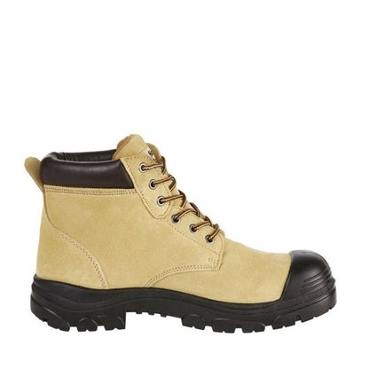 Beige work boot with black sole on a white background
