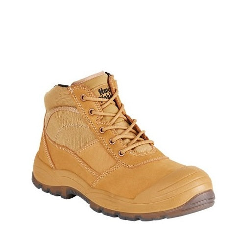 Tan work boot with brand logo on a white background