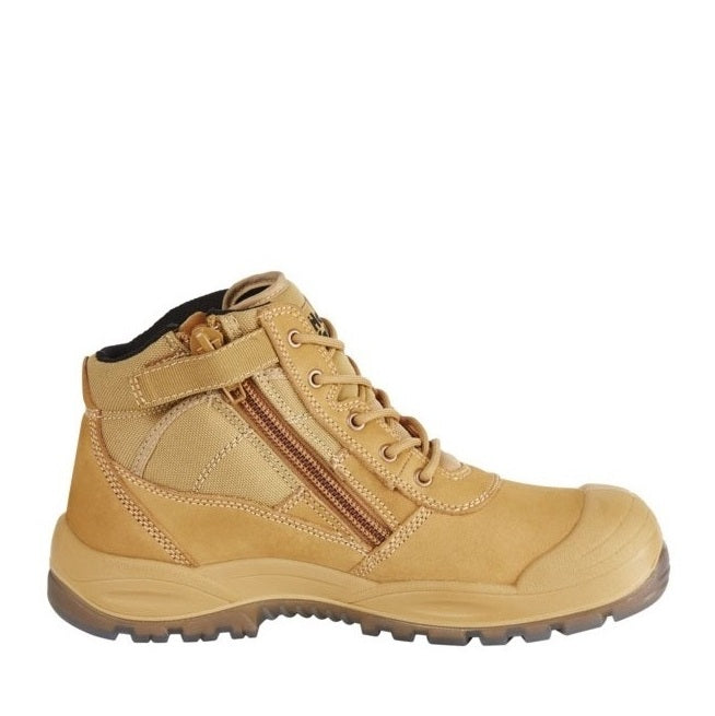 Tan hiking boot with a zipper on a white background