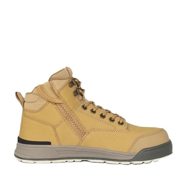 Tan hiking boot with black sole on a white background