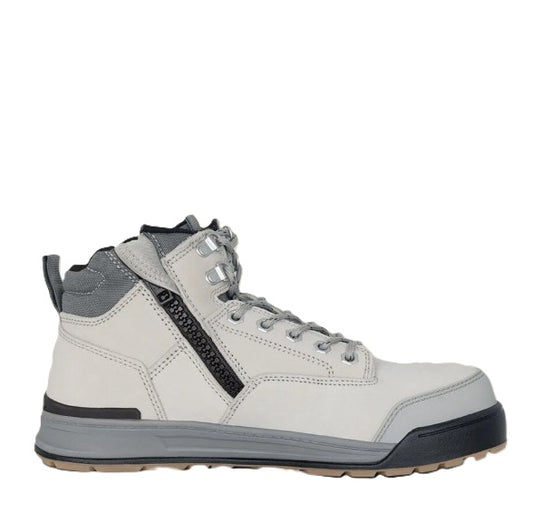 White and gray high-top sneaker on a white background