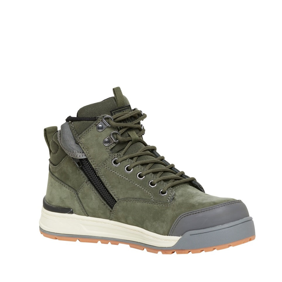 Green hiking boot with gray sole on a white background