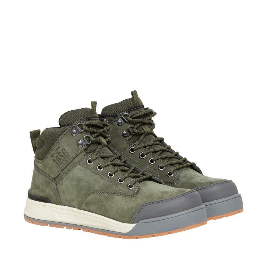 Green hiking boot with gray sole on a white background