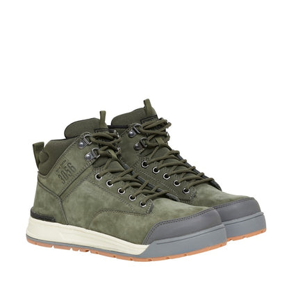 Green hiking boot with gray sole on a white background