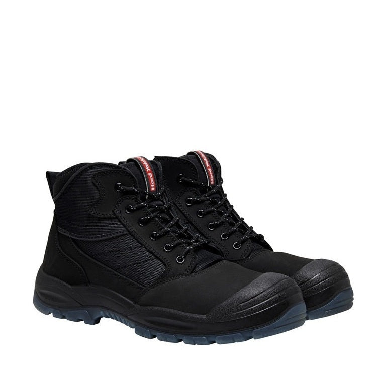 Black hiking boots with red accents on a white background