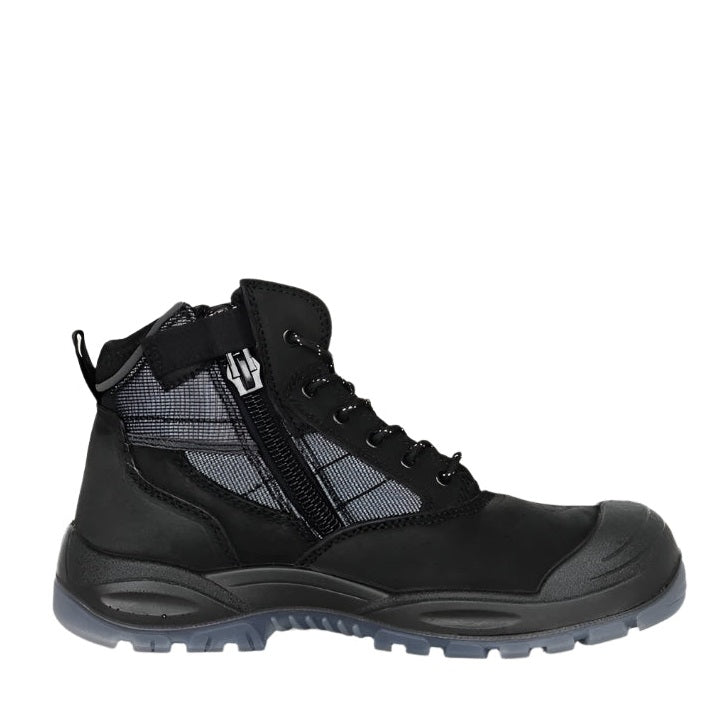 Black high-top sneaker with a zipper on a white background