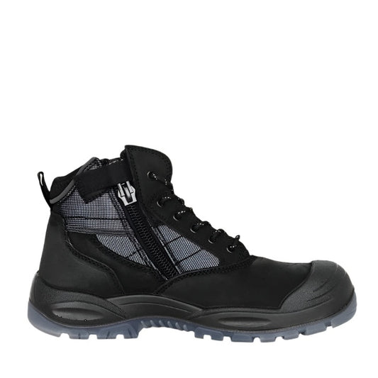 Black high-top sneaker with a zipper on a white background