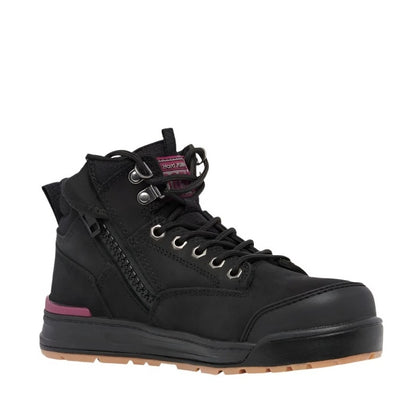Black high-top sneaker with a brown sole on a white background