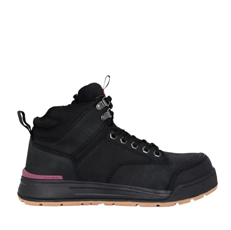 Black hiking boot with a pink accent on a white background
