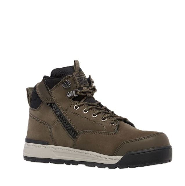 Brown hiking boot with black accents on a white background