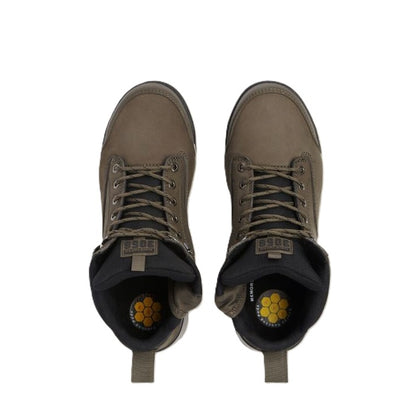 Pair of brown boots with yellow accents on a white background