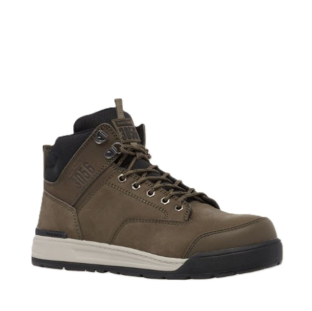 Brown leather boot with black accents on a white background