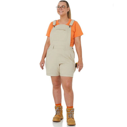 Womens colour Stone work shortalls Zadie workwear - Front view with orange shirt