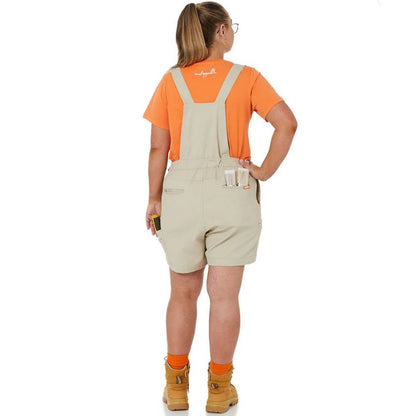 Womens colour Stone work shortalls Zadie workwear -Back view with orange shirt