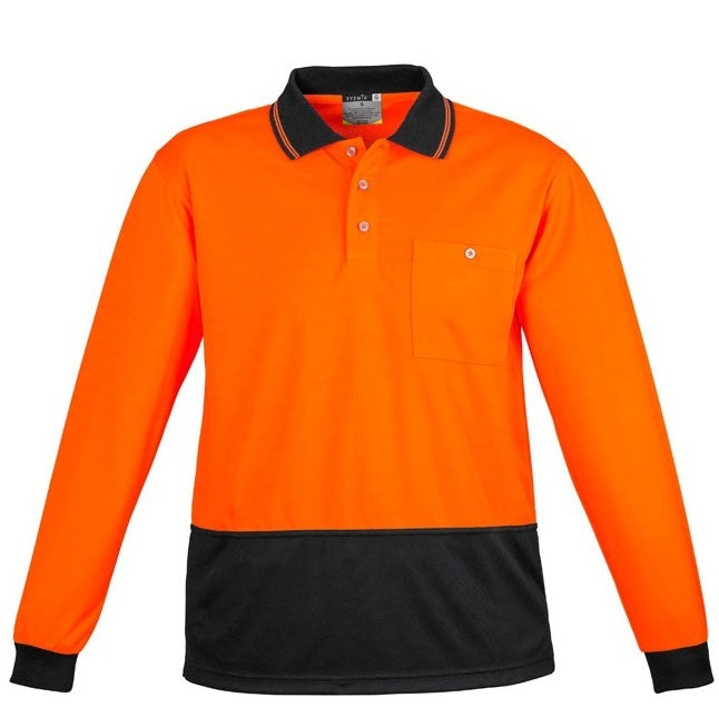 Syzmik ZH232 Unisex HiVis Basic Spliced Long Sleeve Polo - Orange/Black - Front View