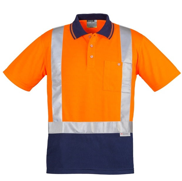 Syzmik ZH233 Mens HiVis Spliced Short Sleeve Polo Shoulder Tape - Orange/Navy - Front View
