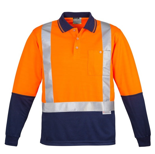 Syzmik ZH234 Mens HiVis Spliced Long Sleeve Polo Shoulder Tape - Orange/Navy - Front View