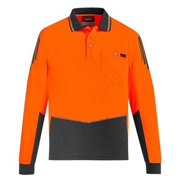 Syzmik ZH310 Mens HiVis Flux Long Sleeve Polo - Orange/Charcoal - Front View