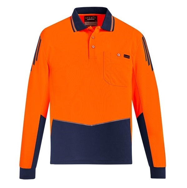 Syzmik ZH310 Mens HiVis Flux Long Sleeve Polo - Orange/Navy - Front View