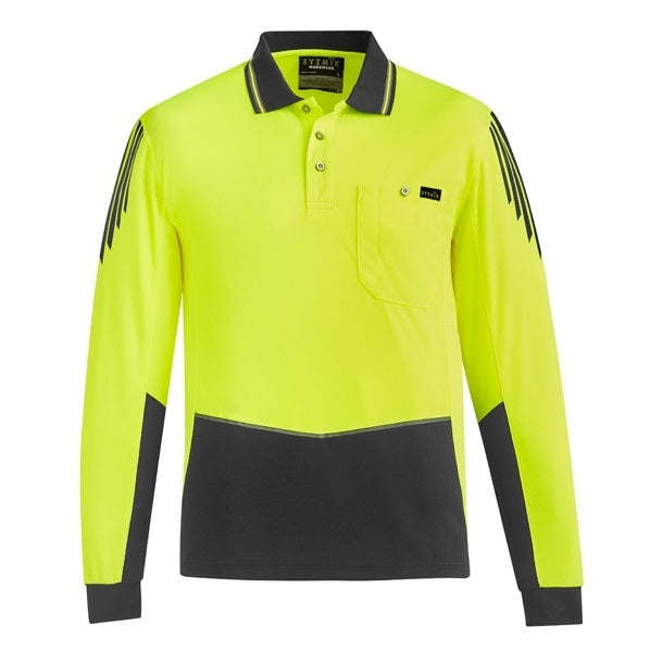 Syzmik ZH310 Mens HiVis Flux Long Sleeve Polo - Yellow/Charcoal - Front View