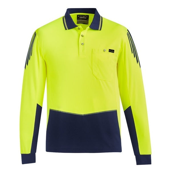 Syzmik ZH310 Mens HiVis Flux Long Sleeve Polo - Yellow/Navy - Front View