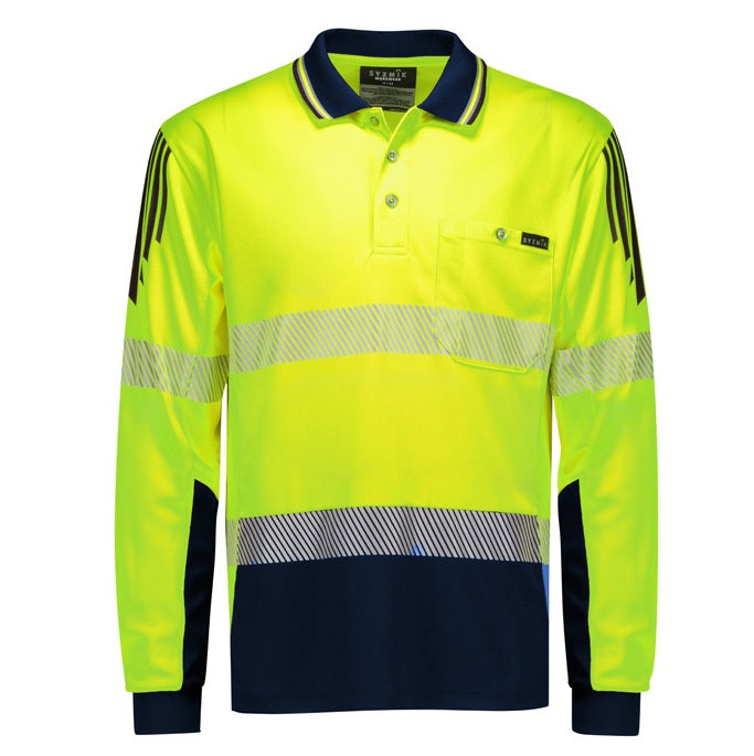 Syzmik ZH550 Mens Hi Vis Flux Segmented Tape Long Sleeve Polo - Yellow/Navy - Front View
