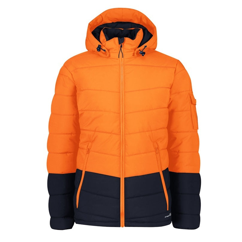 Syzmik ZJ240 Unisex Hi Vis Streetworx Hooded Puffer Jacket - Orange/Navy - Front View