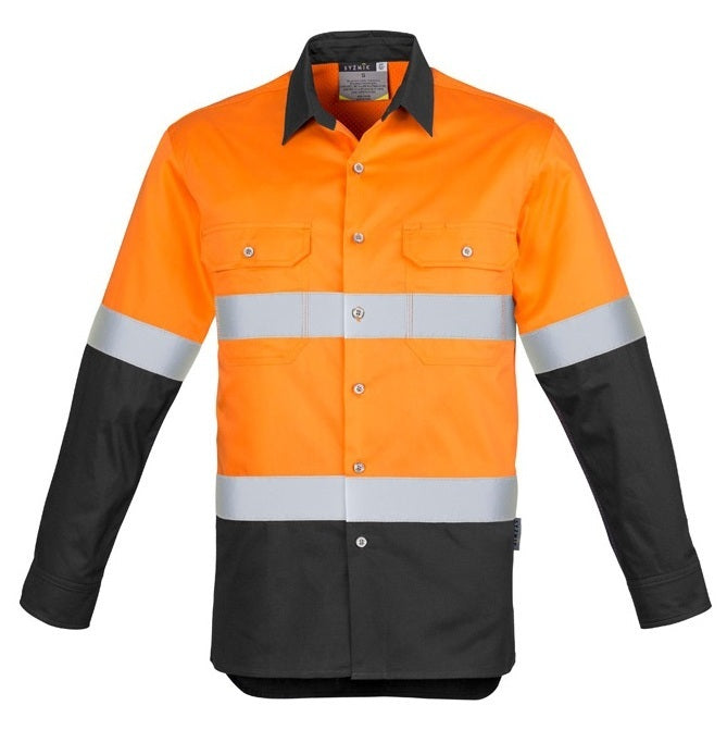 Syzmik ZW123 Mens HiVis Spliced Industrial Shirt Hooped Tape - Orange/Charcoal - Front View