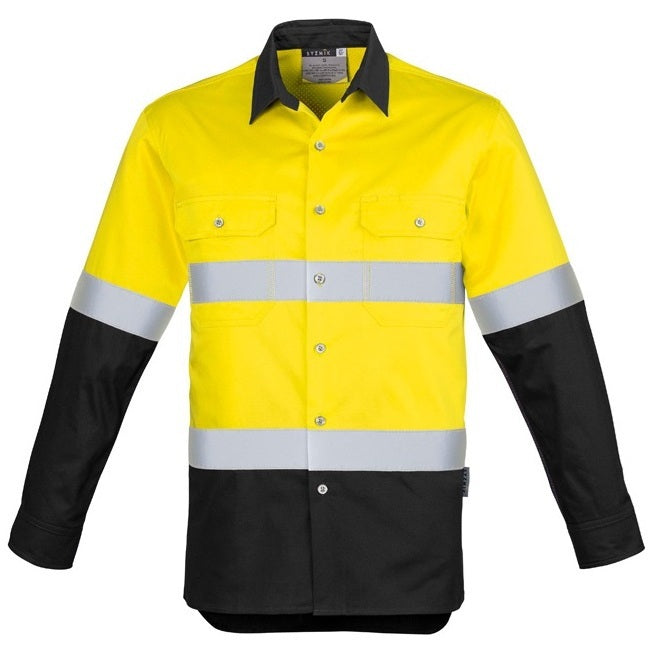 Syzmik ZW123 Mens HiVis Spliced Industrial Shirt Hooped Tape - Yellow/Black - Front View