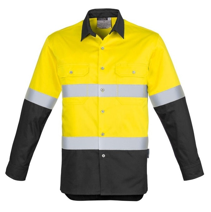 Syzmik ZW123 Mens HiVis Spliced Industrial Shirt Hooped Tape - Yellow/Charcoal - Front View