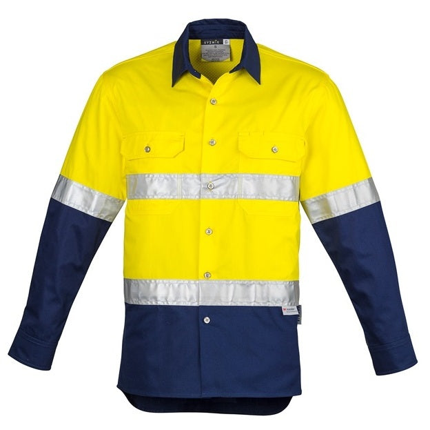 Syzmik ZW123 Mens HiVis Spliced Industrial Shirt Hooped Tape - Yellow/Navy - Front View