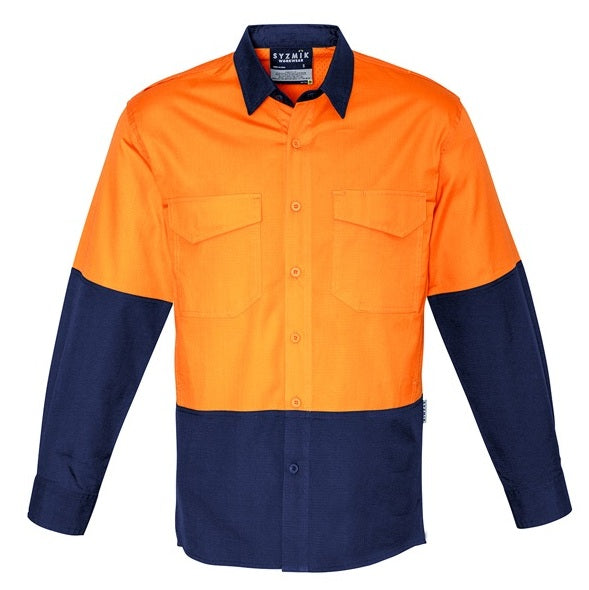 Syzmik ZW128 Mens Rugged Cooling HiVis Spliced Long Sleeve Shirt - Orange/Navy - Front View