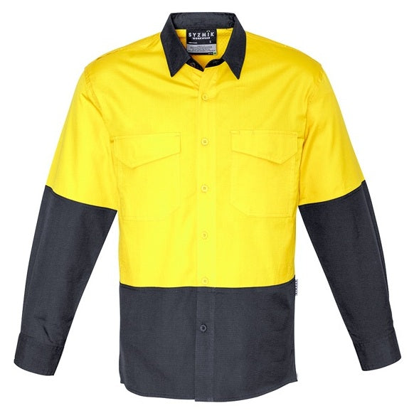 Syzmik ZW128 Mens Rugged Cooling HiVis Spliced Long Sleeve Shirt - Yellow/Charcoal - Front View