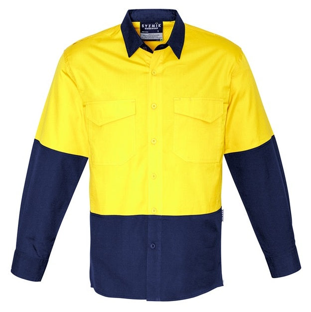 Syzmik ZW128 Mens Rugged Cooling HiVis Spliced Long Sleeve Shirt - Yellow/Navy - Front View