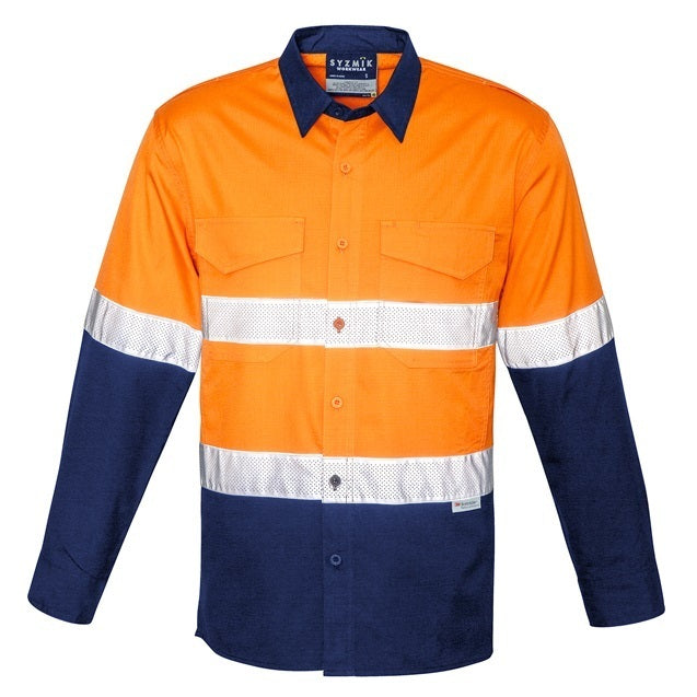 Syzmik ZW129 Mens Rugged Cooling Taped HiVis Spliced Long Sleeve Shirt - Orange/Navy - Front View