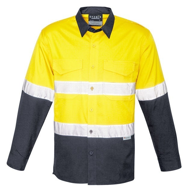Syzmik ZW129 Mens Rugged Cooling Taped HiVis Spliced Long Sleeve Shirt - Yellow/Charcoal - Front View