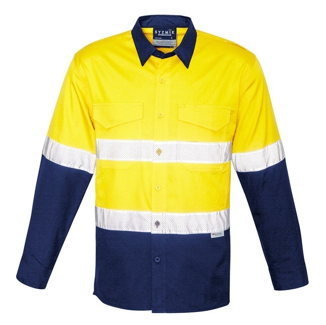 Syzmik ZW129 Mens Rugged Cooling Taped HiVis Spliced Long Sleeve Shirt - Yellow/Navy - Front View