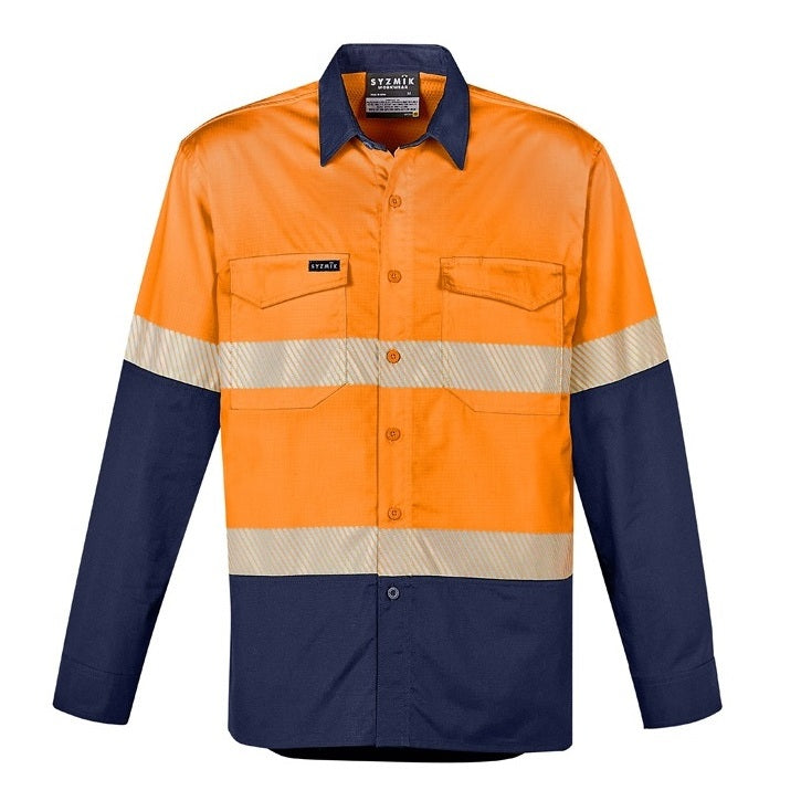 Syzmik ZW229 Mens Rugged Cooling HiVis Segmented Tape Long Sleeve Shirt - Orange/Navy - Front View