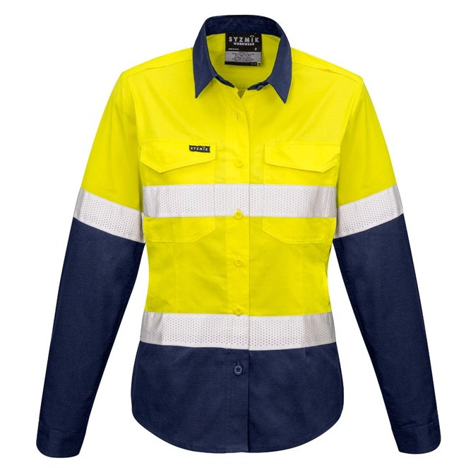 Syzmik ZW720 Ladies Rugged Cooling Taped HiVis Spliced Long Sleeve Shirt - Yellow/Navy - Front View
