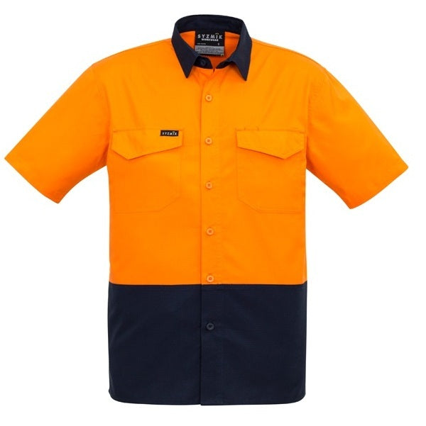 Syzmik ZW815 Mens Rugged Cooling HiVis Spliced Short Sleeve Shirt - Orange/Navy - Front View