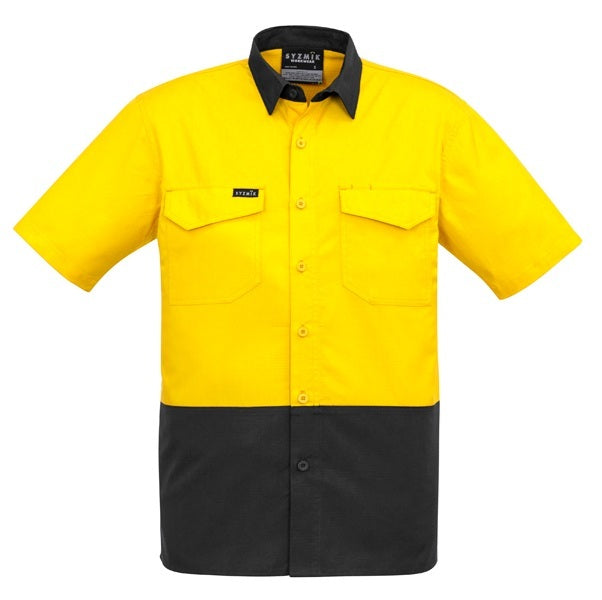 Syzmik ZW815 Mens Rugged Cooling HiVis Spliced Short Sleeve Shirt - Yellow/Charcoal - Front View