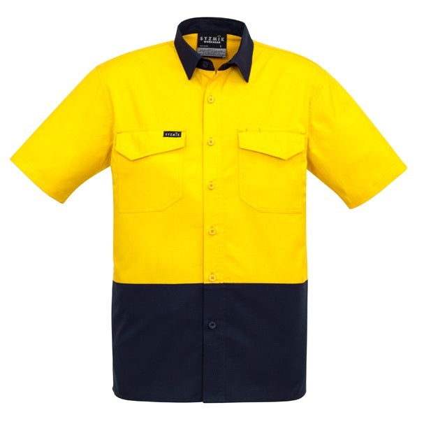 Syzmik ZW815 Mens Rugged Cooling HiVis Spliced Short Sleeve Shirt - Yellow/Navy - Front View