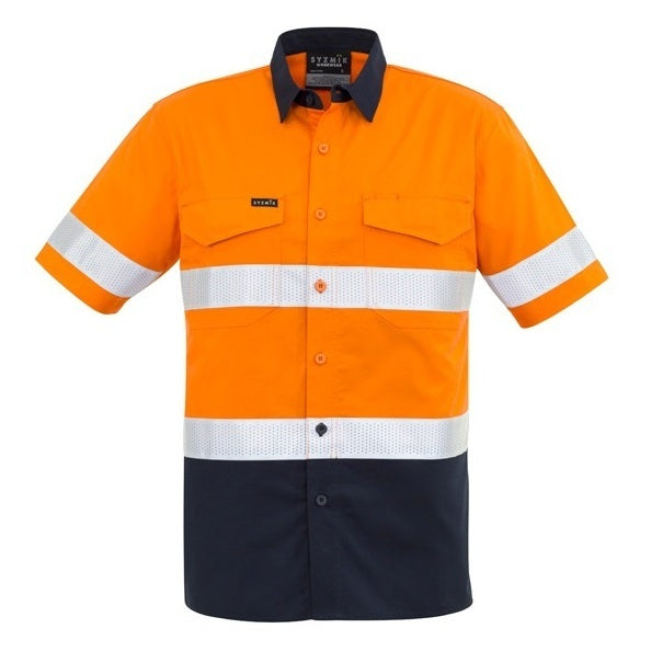 Syzmik ZW835 Mens Rugged Cooling Taped HiVis Spliced Short Sleeve Shirt - Orange/Navy - Front View