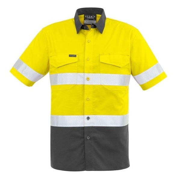 Syzmik ZW835 Mens Rugged Cooling Taped HiVis Spliced Short Sleeve Shirt - Yellow/Charcoal - Front View