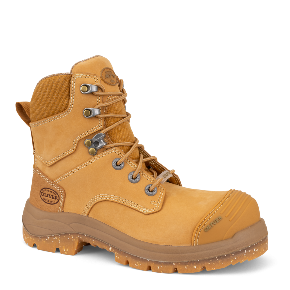 Yellow work boot with brand logo on a white background