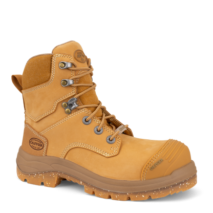 Yellow work boot with brand logo on a white background