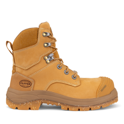Yellow work boot with brand logo on a white background